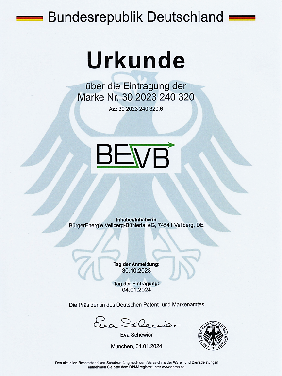  Urkunde über Eintragung Markenrechte BEVB-Logo 